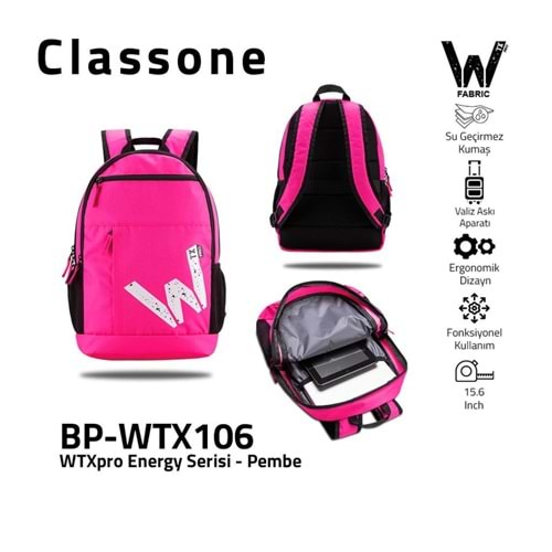 Classone BP-WTX106 WTXpro Serisi Su Geçirmez Kumaş,15.6¨ Laptop, Notebook Sırt Çantası-Pembe