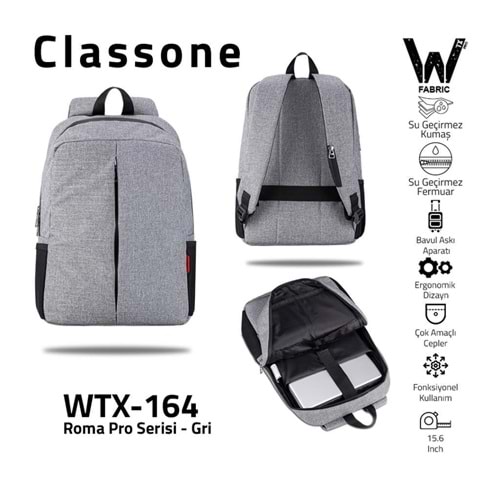 Classone WTX164 15.6¨ Wtx Pro Seu Geçirmez Kumaş Notebook,Laptop Sırt Çantas-Gri