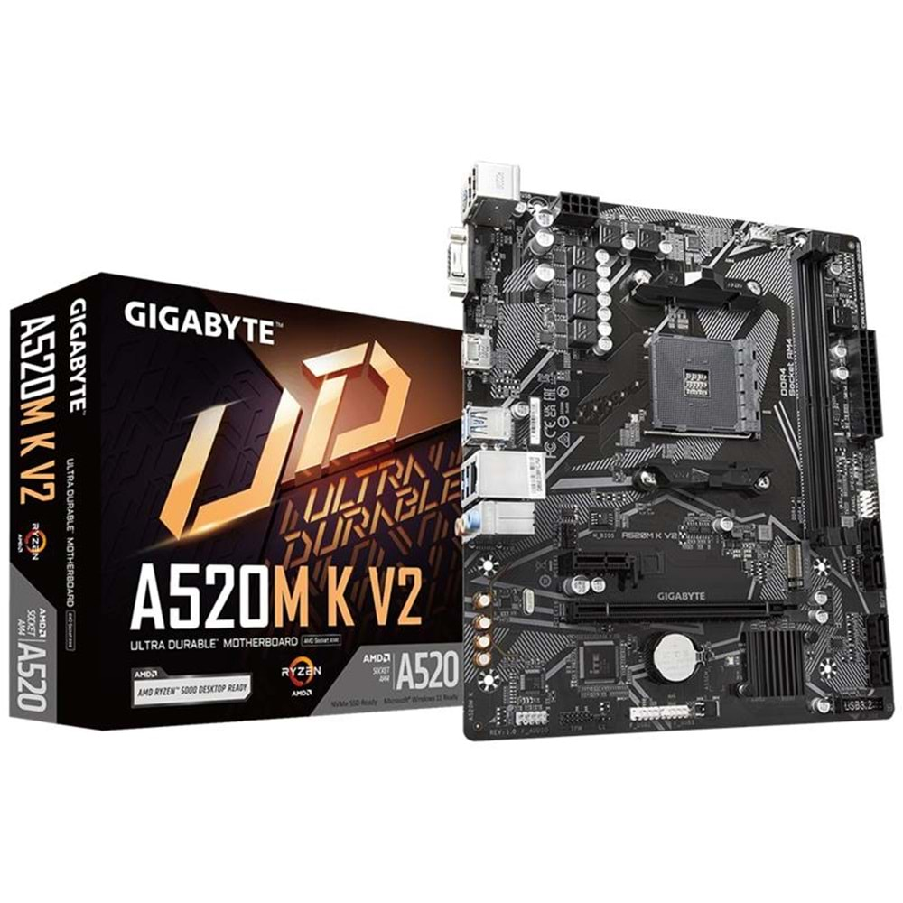 GIGABYTE A520M-K V2 DDR4 5100MHZ 1XVGA 1XHDMI 1XM.2 USB 3.2 MATX AM4 (AMD AM4 5000/4000 /3000 SERİSİ İLE UYUMLU) 