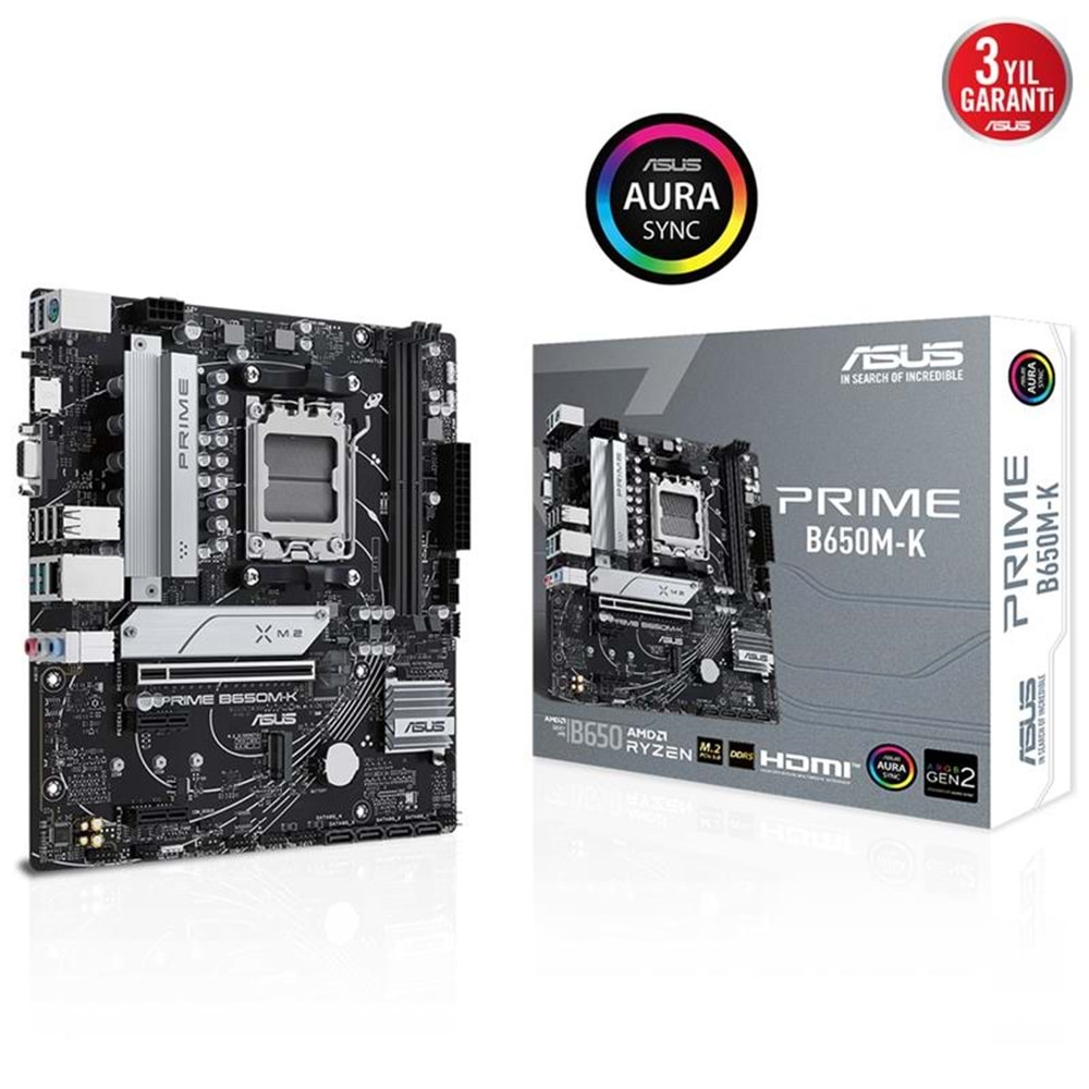 ASUS PRIME B650M-K DDR5 6400MHZ 1XVGA 1XHDMI 2XM.2 USB 3.2 MATX AM5 ( AMD AM5 7000 SERİSİ İLE UYUMLU) 