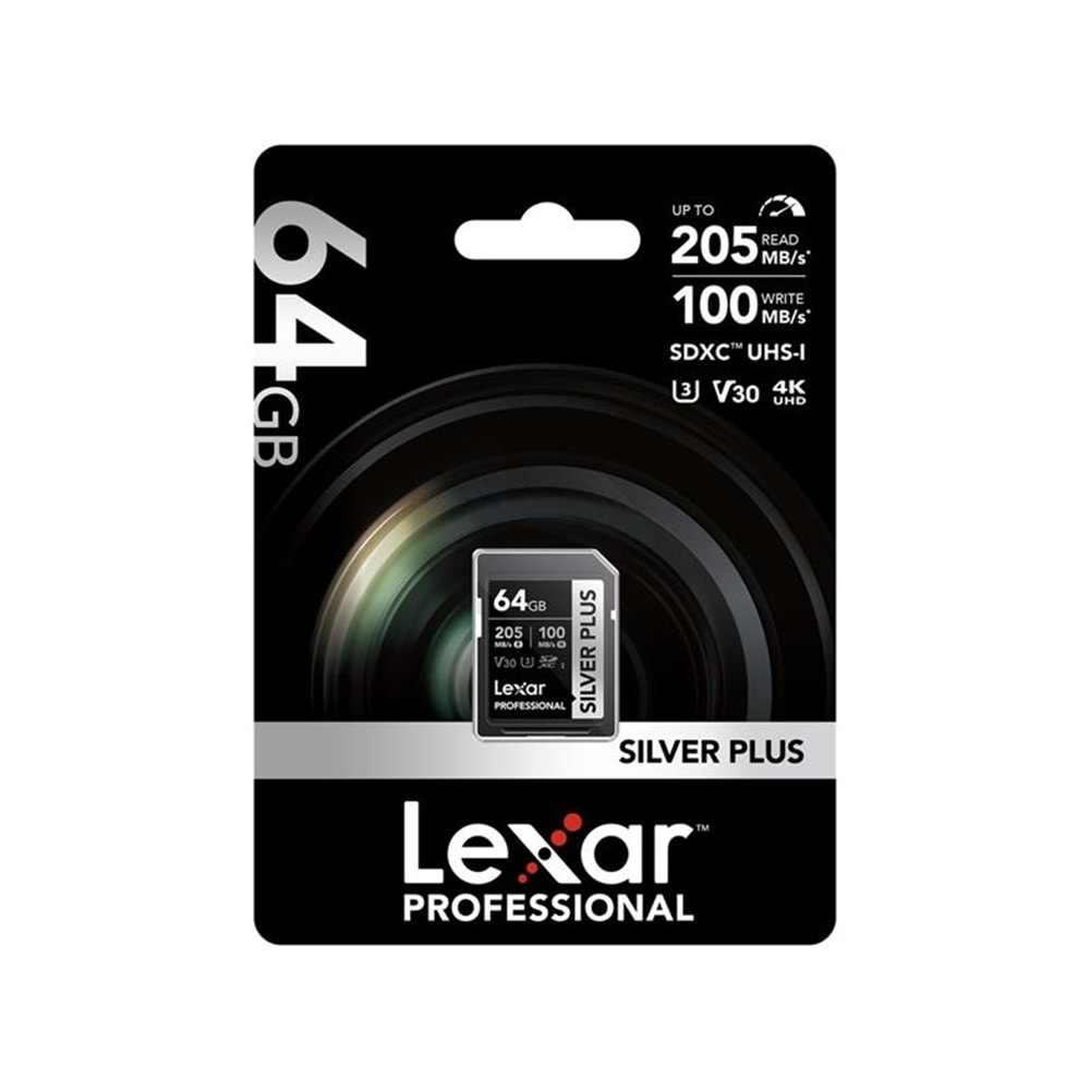 64GB LEXAR LSDSIPL064G-BNNNG PROFESSIONAL SILVER PLUS SDXC UHS-I CARDS UP TO 205MB/S READ 100MB/S WR 