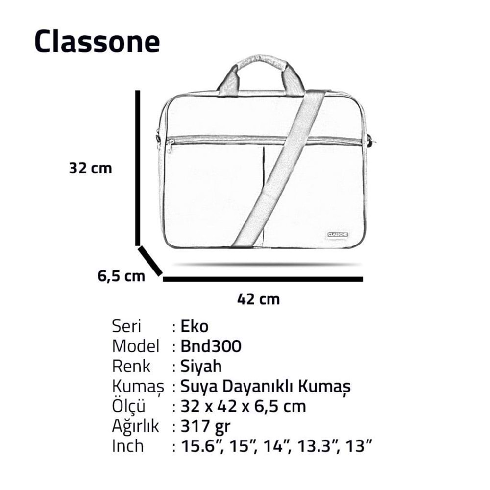 Classone BND300 Eko Serisi 15,6 inç Laptop Notebook Çantası-Siyah