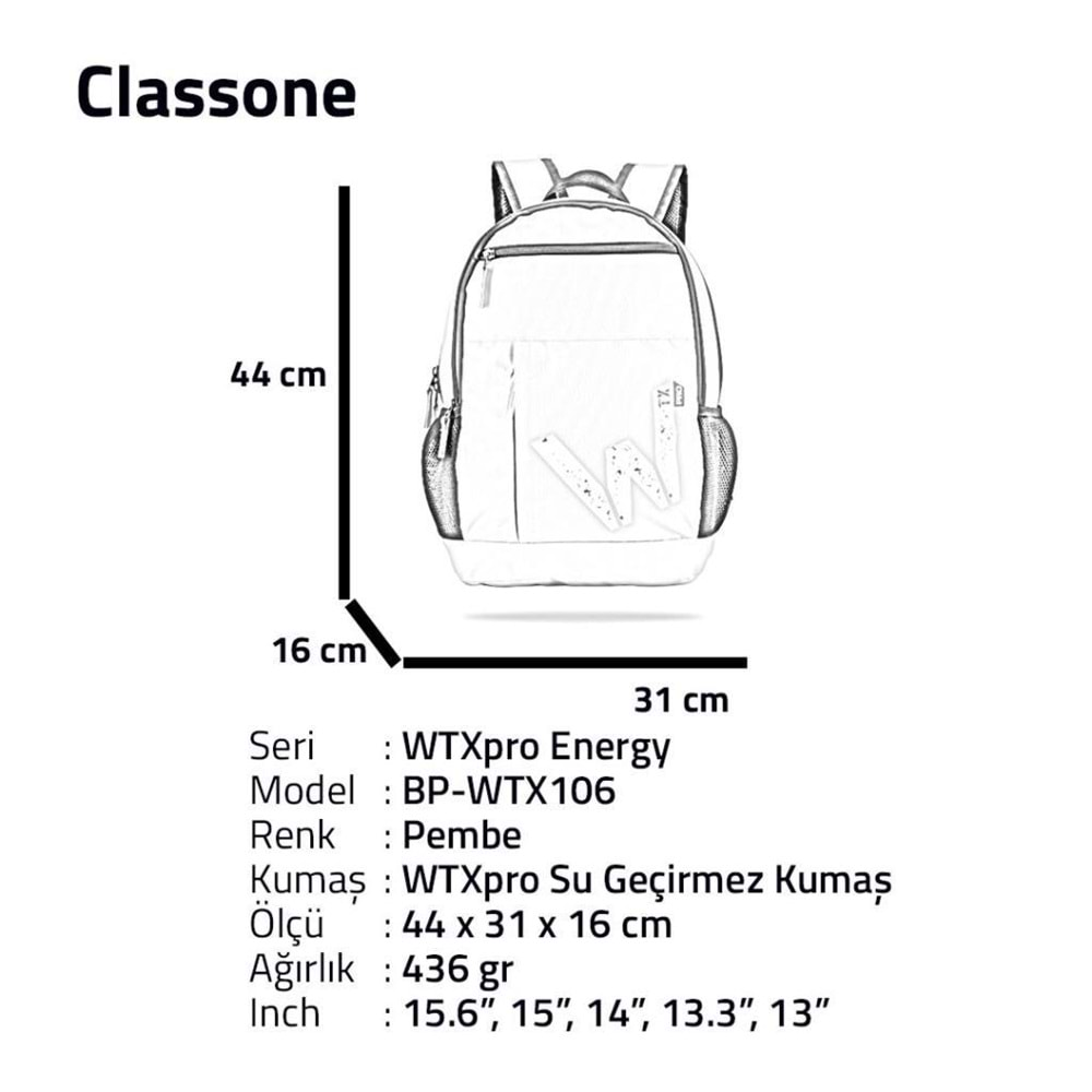 Classone BP-WTX106 WTXpro Serisi Su Geçirmez Kumaş,15.6¨ Laptop, Notebook Sırt Çantası-Pembe