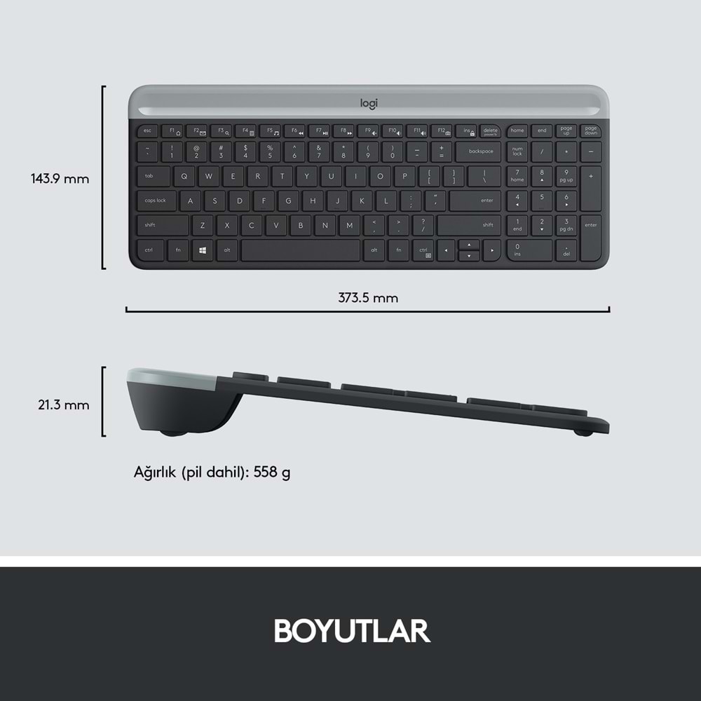 Logitech MK470 Kablosuz İnce Türkçe Klavye Mouse Seti - Gri-Siyah