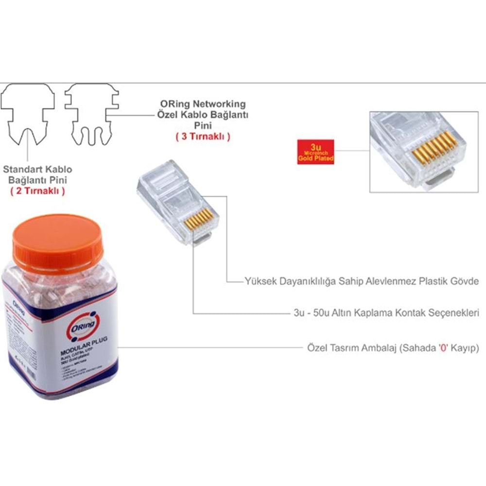 ORING MPC6U3 CAT6 PLUG U/UTP RJ45 ALTIN UÇ KONNEKTÖR 100 LÜ PAKET