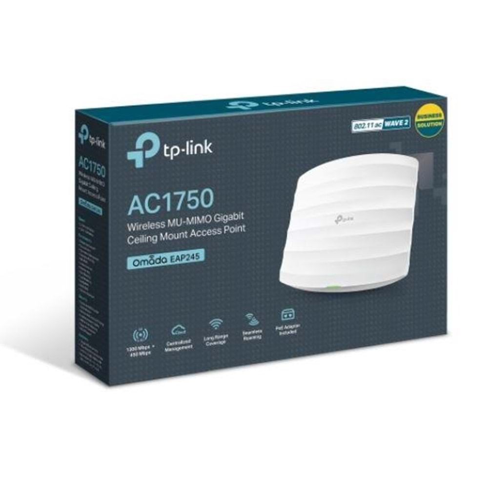 TP-LINK OMADA EAP245 AC1750 DUAL BANT WIFI5 2XGBIT RJ45 450MBPS/2.4GHZ TAVAN TİPİ ACCESS POINT (ADAPTÖRLÜ) 