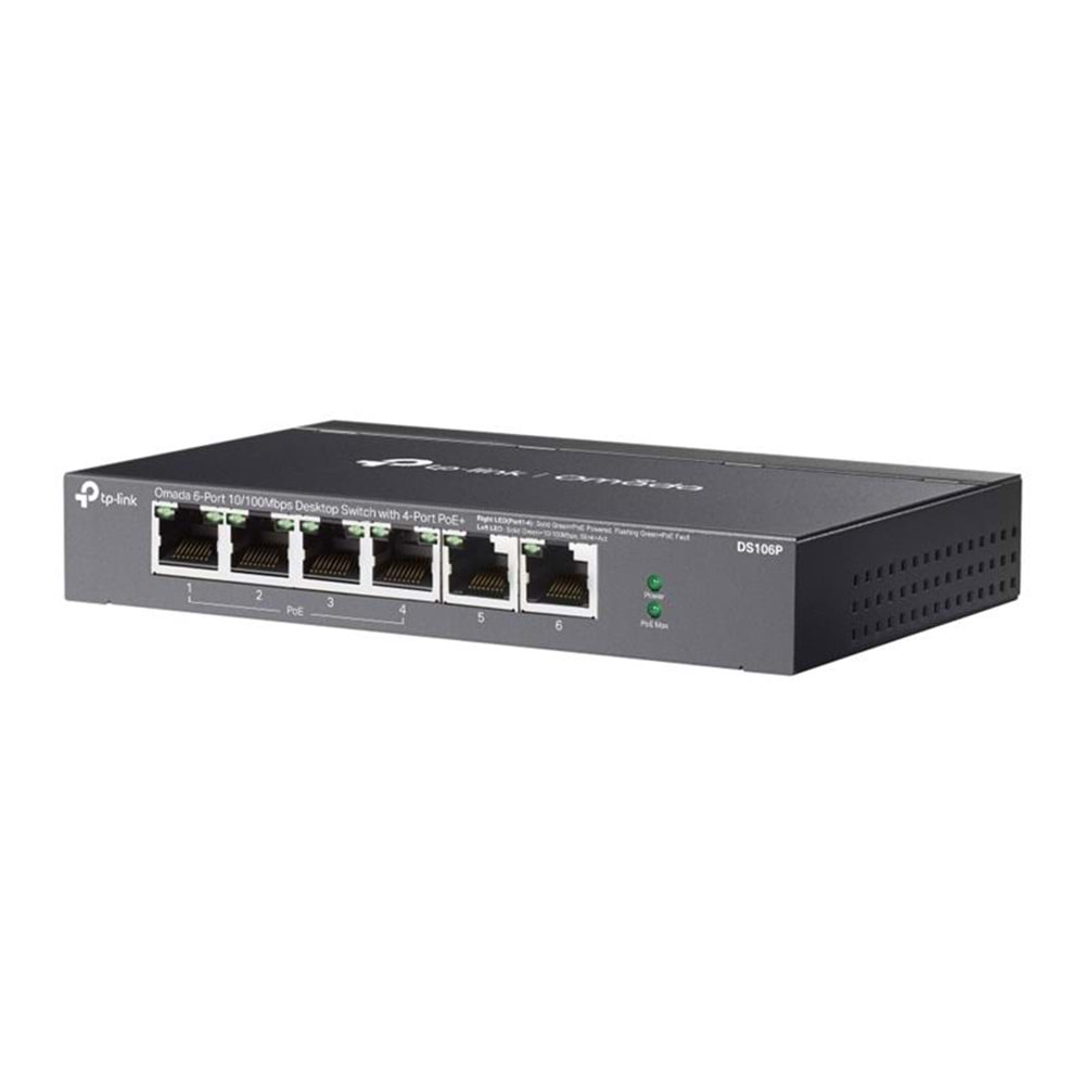 TP-LINK OMADA DS106P 4 PORT 10/100+2 PORT 10/100 UPLINK 67W 250 METRE POE MESAFE METAL KASA SWITCH 