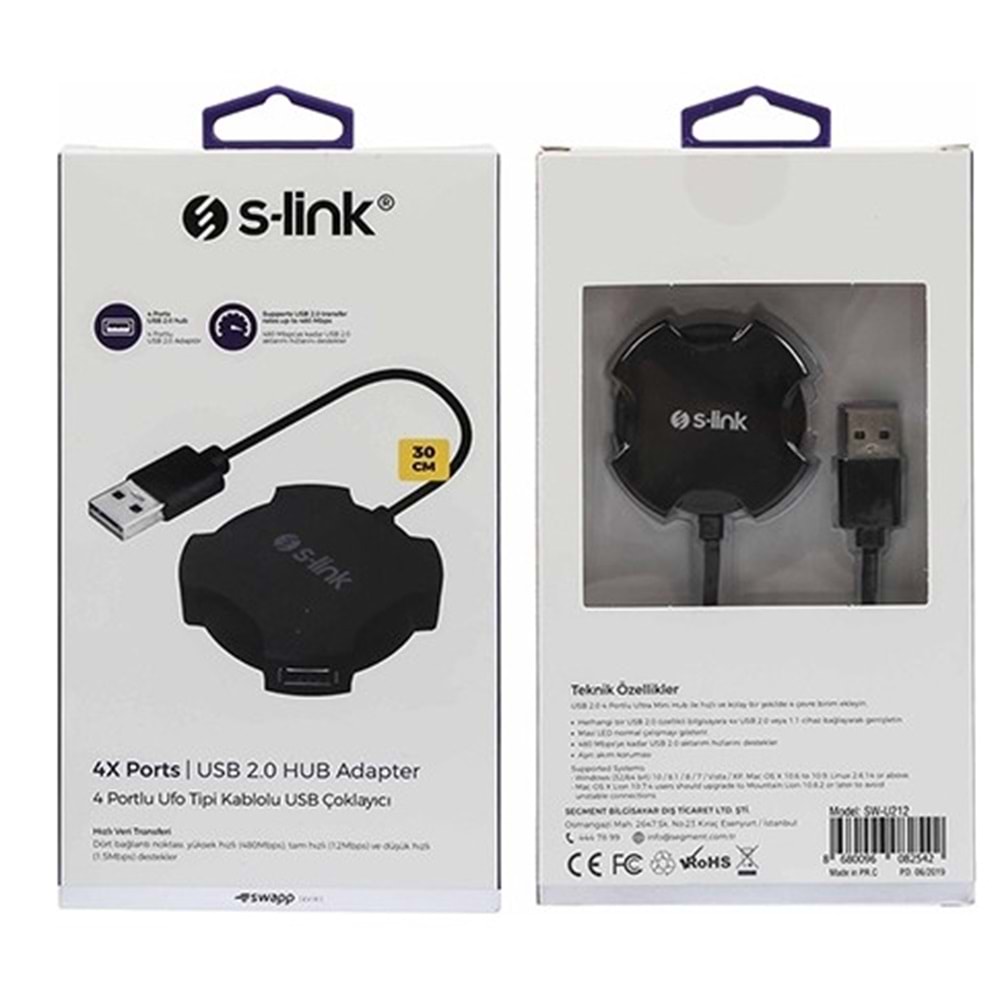 S-LINK SWAPP SW-U212 SİYAH USB 2.0 4 PORT HUB KABLOLU DÖNÜŞTÜRÜCÜ ADAPTÖ