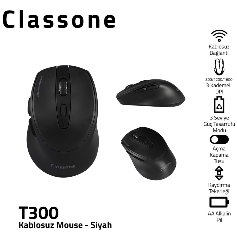 CLASSONE T300 SILENT ÖZELLİKLİ KABLOSUZ MOUSE 1600 DPI