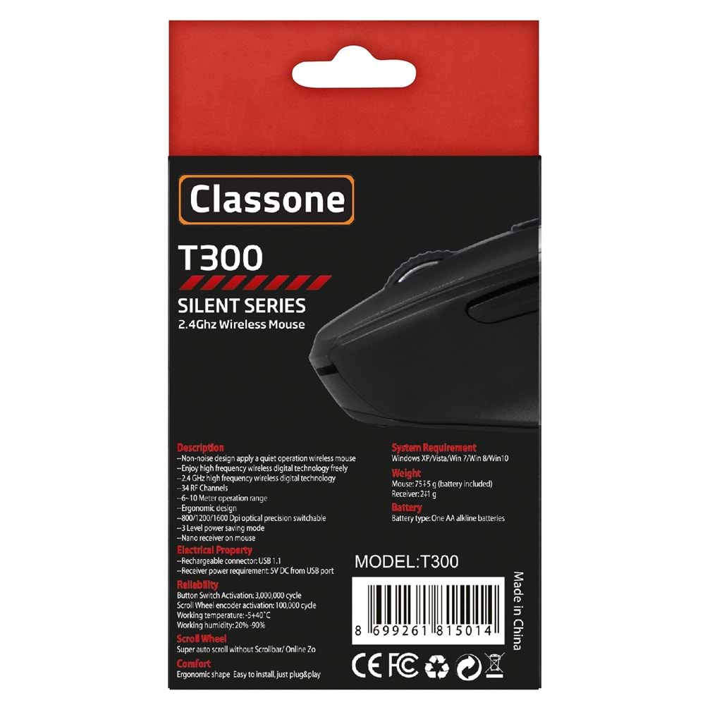 CLASSONE T300 SILENT ÖZELLİKLİ KABLOSUZ MOUSE 1600 DPI