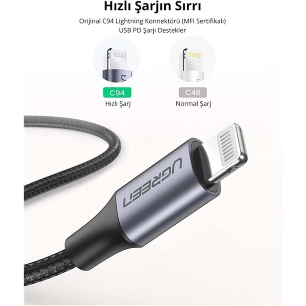 UGREEN TYPE-C TO LIGHTNING 3A PD MFİ SERTİFİKALI ÖRGÜLÜ HIZLI ŞARJ KABLOSU 1 MT SİYAH 60759 