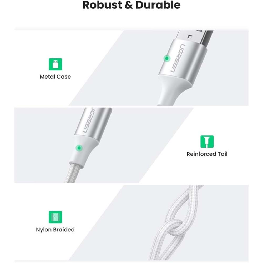 UGREEN TYPE-C TO USB-A 3A QC ÖRGÜLÜ HIZLI ŞARJ KABLOSU 2 MT GÜMÜŞ BEYAZI 60133 