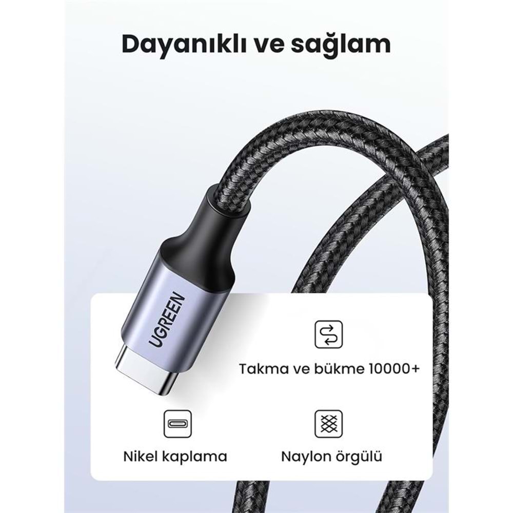 UGREEN USB-C 60W 3A QC PD ÖRGÜLÜ HIZLI ŞARJ KABLOSU 1 MT SİYAH 50150 