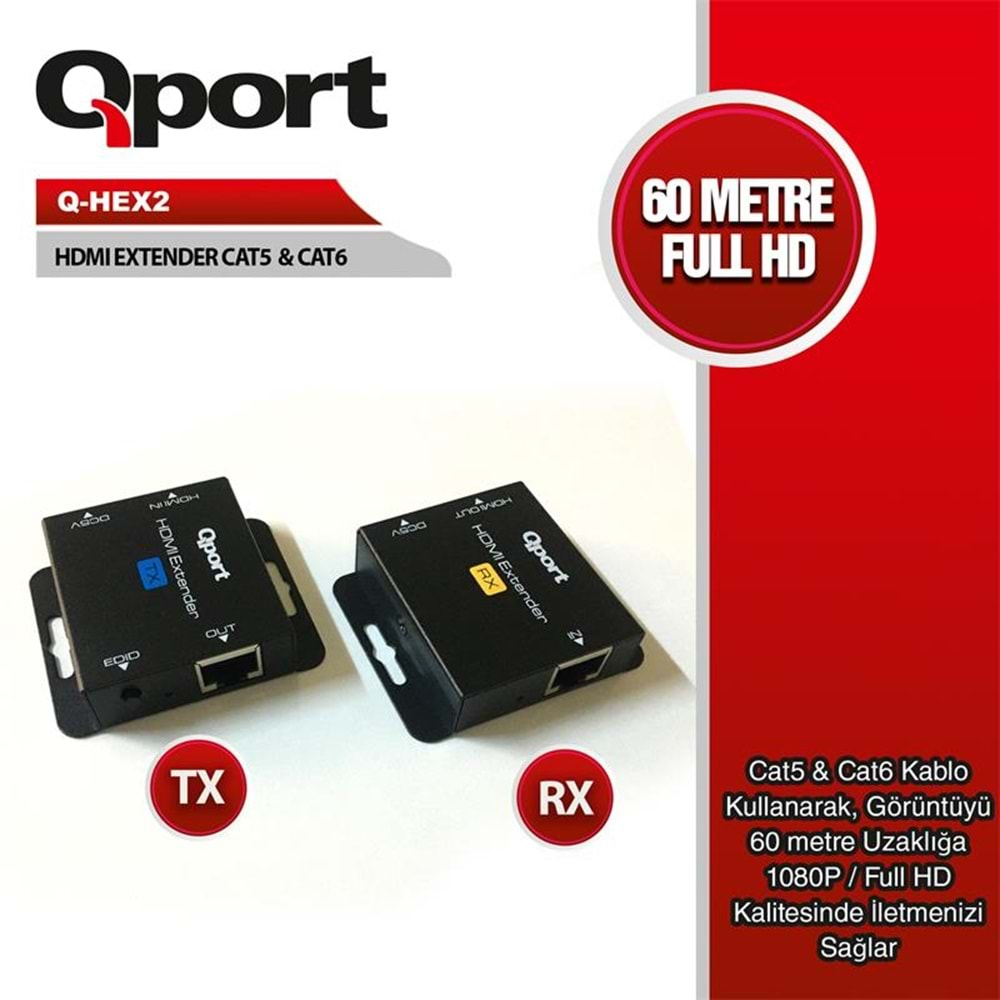 QPORT Q-HEX2 HDMI EXTENDER CAT6 60M 2 Lİ PAKET (ADAPTÖR DAHİL) 