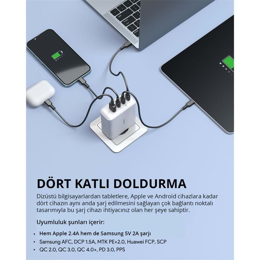 AUKEY PA-B7S-WH 100W DÖRT BAĞLANTI NOKTALI PD GAN DUVAR ŞARJ CİHAZI 