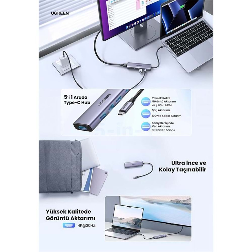 UGREEN 5IN1 USB-C 100W PD 4K HDMI HUB ÇOKLAYICI GRİ 15596 