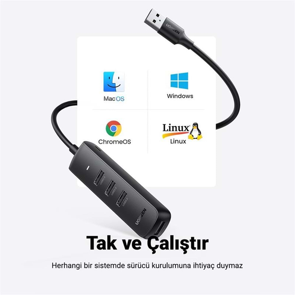 UGREEN USB 3.0 4-PORT HUB 0.25MT SİYAH 10915 