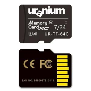 64 GB URANIUM UR-TF-64G MICRO SD CARD U3 7/24 SURVEILLANCE 100/40MBS INDUSTRIAL HAFIZA KARTI (3 YIL GARANTİ) 