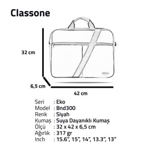 Classone BND300 Eko Serisi 15,6 inç Laptop Notebook Çantası-Siyah