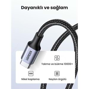 UGREEN USB-C 60W 3A QC PD ÖRGÜLÜ HIZLI ŞARJ KABLOSU 2 MT SİYAH 50152 