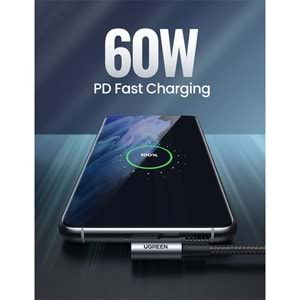 UGREEN USB-C 60W 3A QC PD ÇİFT TARAFI 90 DERECE ÖRGÜLÜ HIZLI ŞARJ KALOSU 2 MT SİYAH 70531 