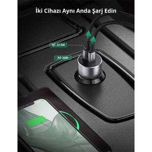 UGREEN 52.5W QC PD HIZLI ARAÇ İÇİ ŞARJ CİHAZI ÇAKMAKLIK ADAPTÖRÜ 1XUSB-C 1XUSB-A UZAY GRİSİ 60980 