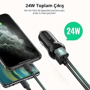 UGREEN 24W ARAÇ ÇAKMAKLIK ŞARJ CİHAZI 2XUSB-A SİYAH 50875 