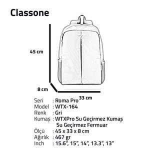 Classone WTX164 15.6¨ Wtx Pro Seu Geçirmez Kumaş Notebook,Laptop Sırt Çantas-Gri