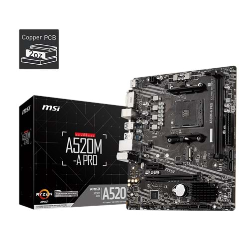 MSI A520M-A PRO DDR4 3200MHZ 1XHDMI 1XDVI 1XM.2 USB 3.2 MATX AM4 (AMD AM4 5000/4000 /3000 SERİSİ İLE UYUMLU) 