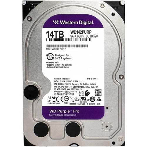 14 TB WD 3.5 PURPLE SATA3 7200RPM 512MB 7/24 GUVENLIK WD142PURP (3 YIL RESMI DIST GARANTILI) 