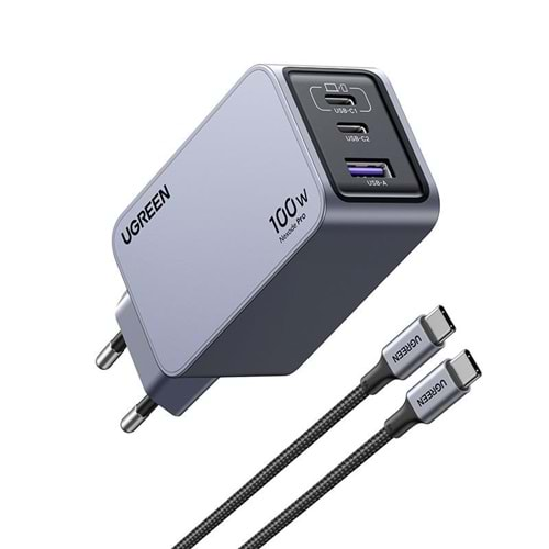 UGREEN NEXODE PRO 100W GAN HIZLI ŞARJ CİHAZI TYPE-C QC PD 2XUSB-C, 1XUSB-A UZAY GRİSİ 25874 