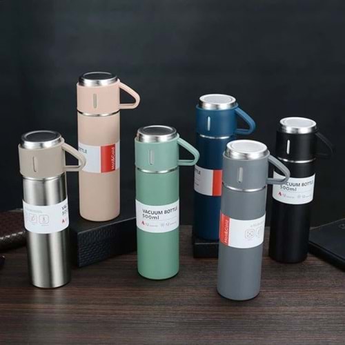Termos Seti Paslanmaz Çelik Yüksek Kaliteli Termos Şişesi - 500ml (Füme-Antrasit)