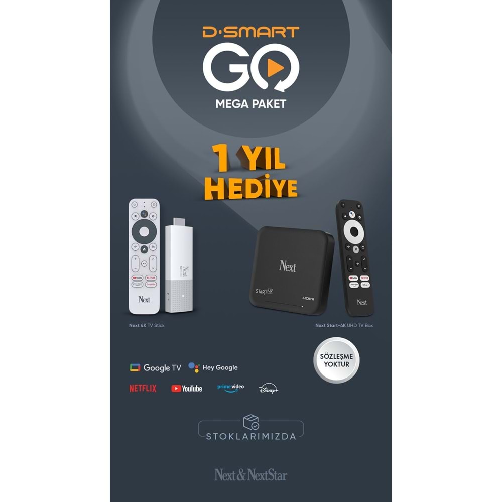 D-Smart Mega Dsmart GO 1 Yıl Hediye Next Start 4K Tv Box Google sertifikalı Google TV OTT Kutu