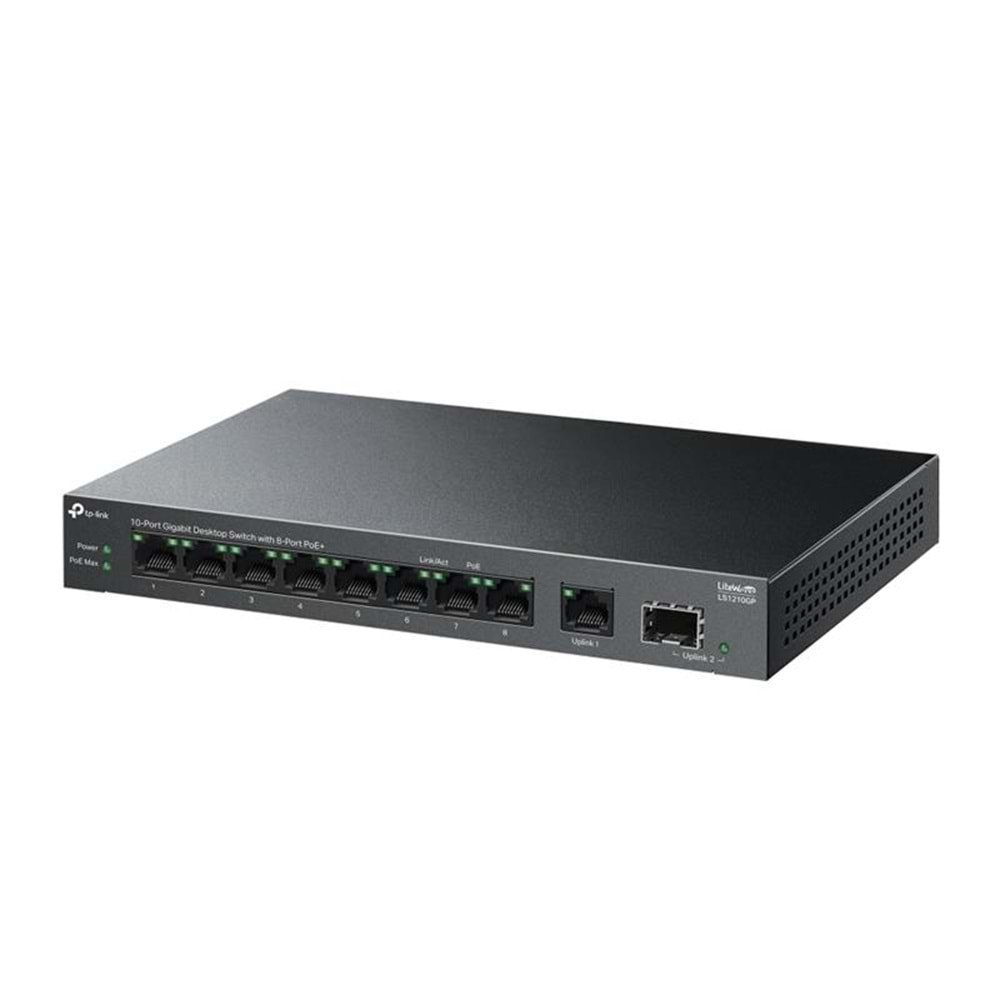 TP-LINK LS1210GP 8 PORT GIGABIT + 1XRJ45/1XSFP UPLINK 61W 250 METRE POE MESAFE METAL KASA 