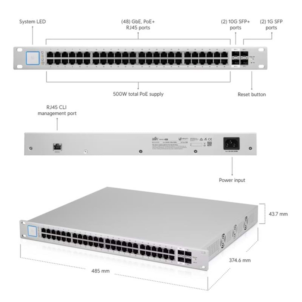 UBNT US-48-500W 48 PORT GIGABIT +2X1GB/2X10GB SFP UPLINK RACKMOUNT 500W POE SWITCH 