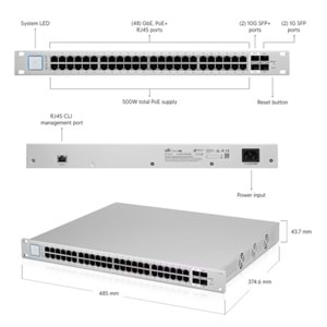 UBNT US-48-500W 48 PORT GIGABIT +2X1GB/2X10GB SFP UPLINK RACKMOUNT 500W POE SWITCH 