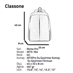 Classone WTX164 15.6¨ Wtx Pro Seu Geçirmez Kumaş Notebook,Laptop Sırt Çantas-Gri -